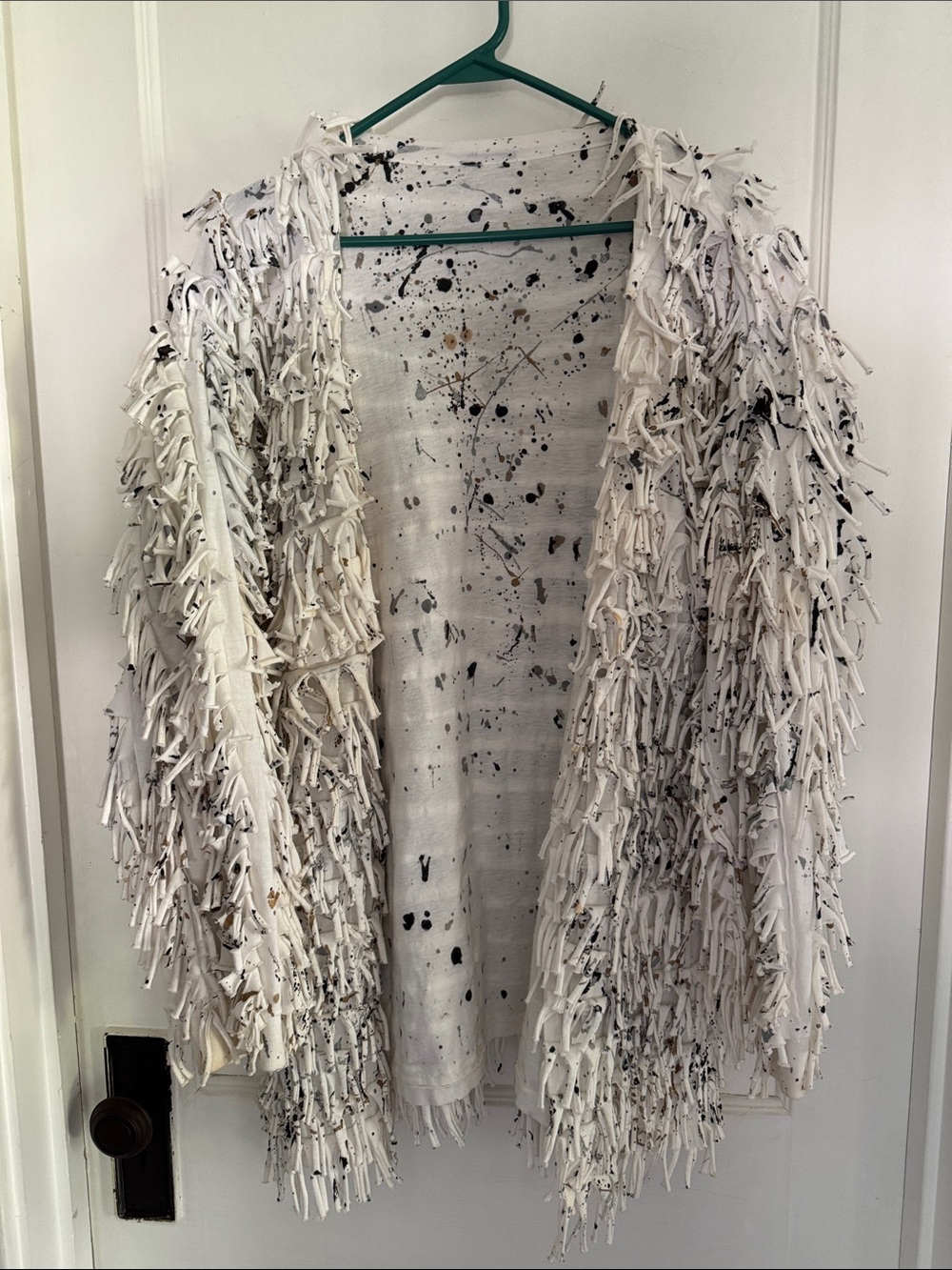 White Fringe Open-Front Cardigan with Black Speckle Detail